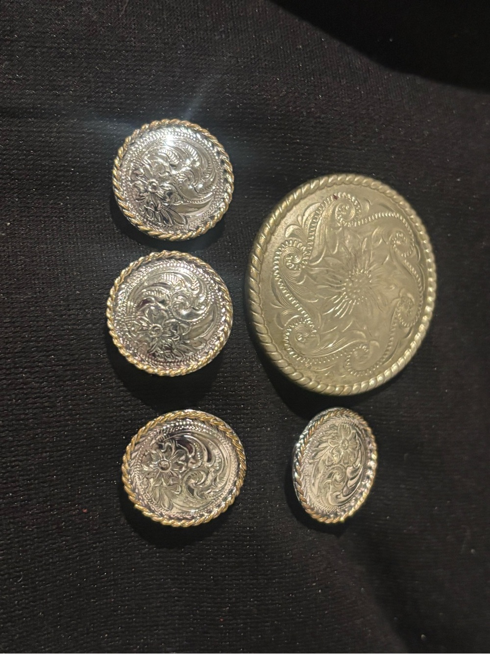 Silver Floral Engraved Concho Set -chap buttons